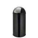 Black wastepaper PUSH 35L with a glossy surface and silver press lid by hjh OFFICE