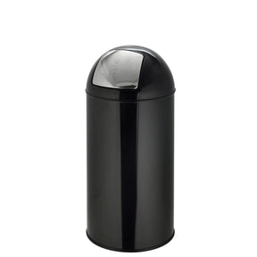 Black wastepaper PUSH 35L with a glossy surface and silver press lid by hjh OFFICE