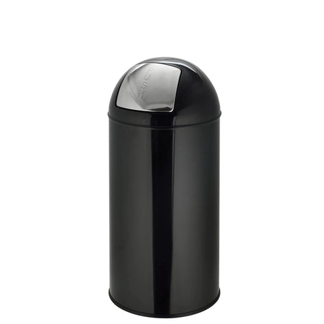 Black wastepaper PUSH 35L with a glossy surface and silver press lid by hjh OFFICE