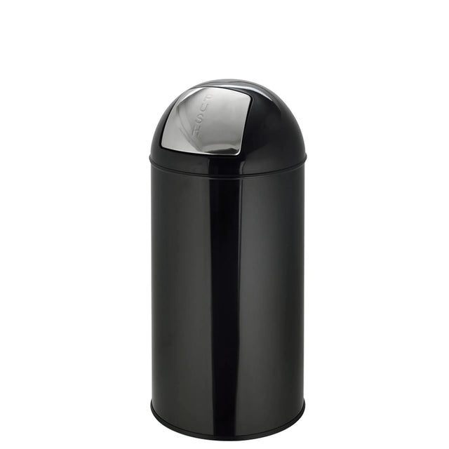 Black wastepaper PUSH 35L with a glossy surface and silver press lid by hjh OFFICE