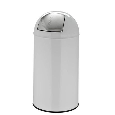White PUSH 50L wastepaper with a glossy surface and silver push lid by hjh OFFICE
