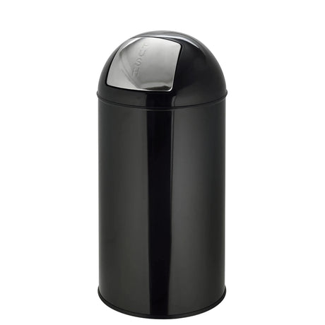Black Wastepaper PUSH 50L with a glossy surface and silver press lid by hjh OFFICE