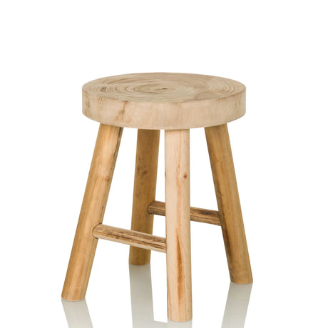 Brown stool RUSTIKO W made of light wood with a round seat and four legs by hjh LIVING