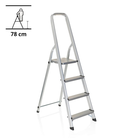 Silver aluminium Folding Ladder SOLID II with four steps and handrail by hjh OFFICE
