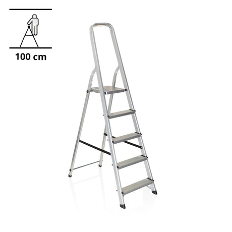 Aluminium Folding Ladder SOLID III with five steps and safety rail by hjh OFFICE
