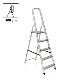Aluminium Folding Ladder SOLID III with five steps and safety rail by hjh OFFICE