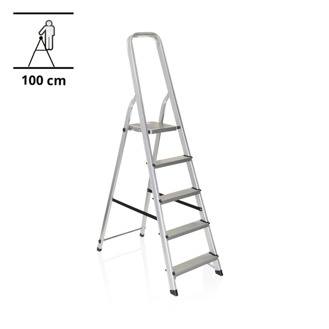 Aluminium Folding Ladder SOLID III with five steps and safety rail by hjh OFFICE
