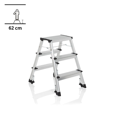 Aluminium Folding Ladder SOLID IV with three steps and black feet by hjh OFFICE