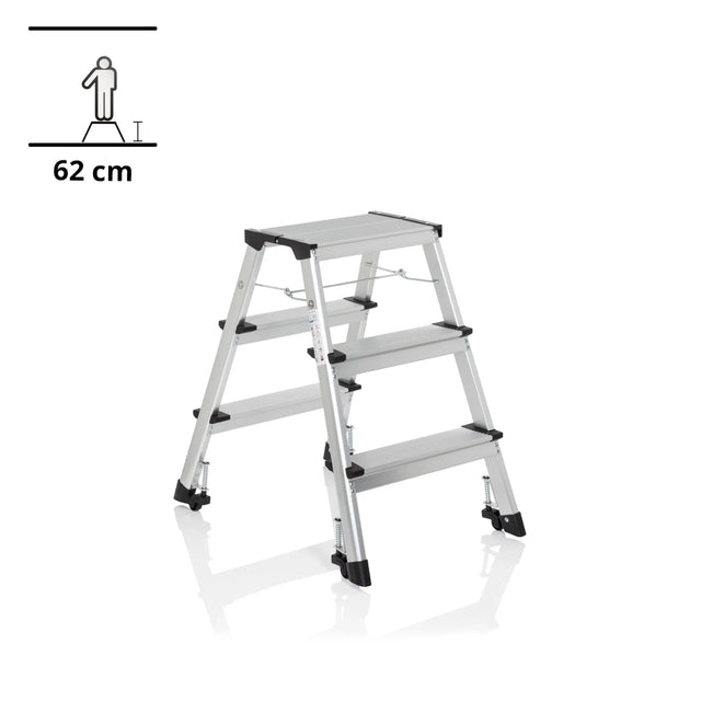 Aluminium Folding Ladder SOLID IV with three steps and black feet by hjh OFFICE