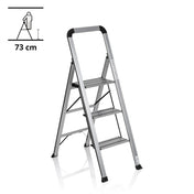 Folding Ladder SOLID V made of silver aluminium with three steps and safety handle by hjh OFFICE