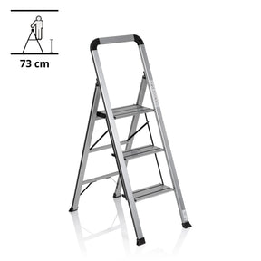 Folding Ladder SOLID V made of silver aluminium with three steps and safety handle by hjh OFFICE