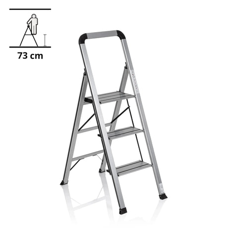 Folding Ladder SOLID V made of silver aluminium with three steps and safety handle by hjh OFFICE