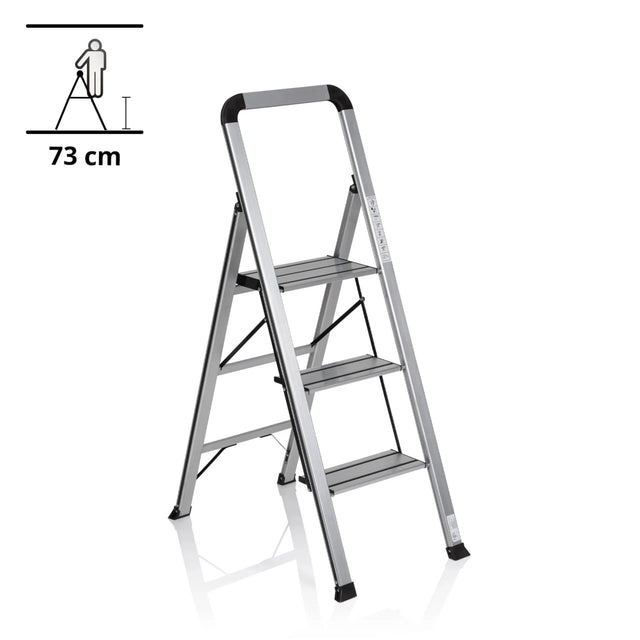 Folding Ladder SOLID V made of silver aluminium with three steps and safety handle by hjh OFFICE