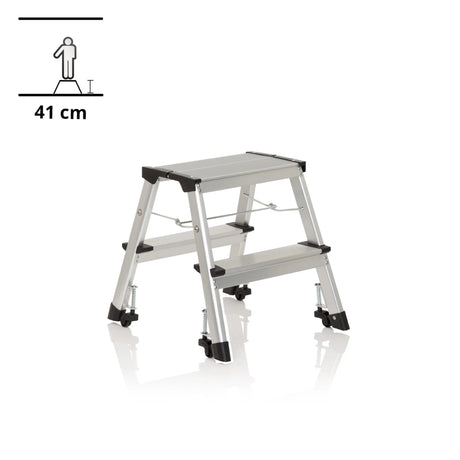 Two-step Folding Ladder SOLID VI made of silver aluminium with black rubber feet by hjh OFFICE