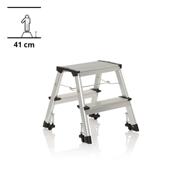 Two-step Folding Ladder SOLID VI made of silver aluminium with black rubber feet by hjh OFFICE