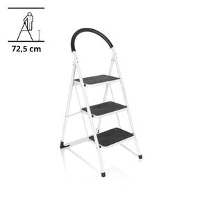 White Folding Ladder SOLID W2 with three black steps and a safety handle by hjh OFFICE
