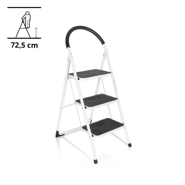 White Folding Ladder SOLID W2 with three black steps and a safety handle by hjh OFFICE