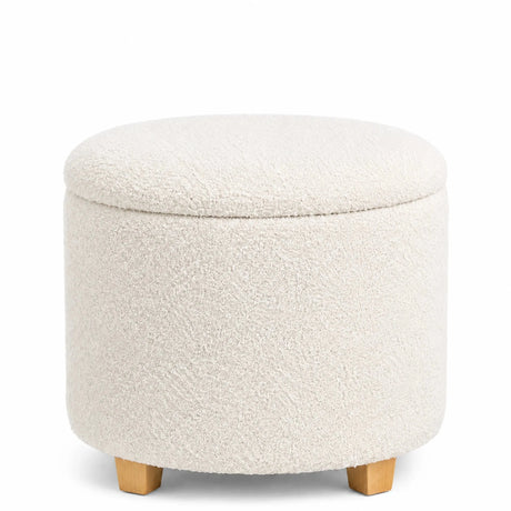 White upholstered stool Storiano S with textured fabric cover and light wood legs by hjh LIVING