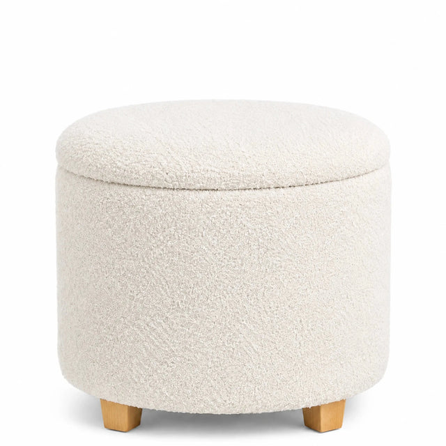 White upholstered stool Storiano S with textured fabric cover and light wood legs by hjh LIVING