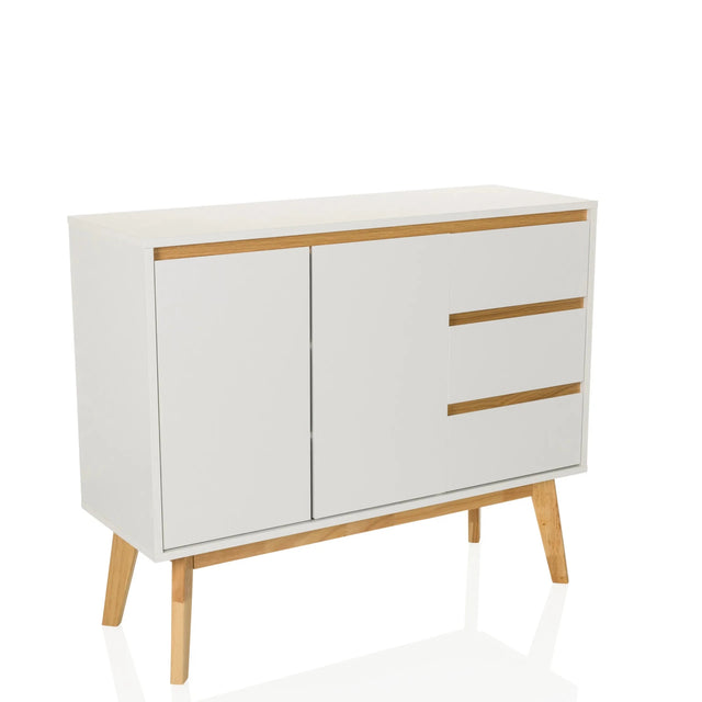 White Sideboard TAROLO I with wood-coloured legs and handle strips by hjh LIVING
