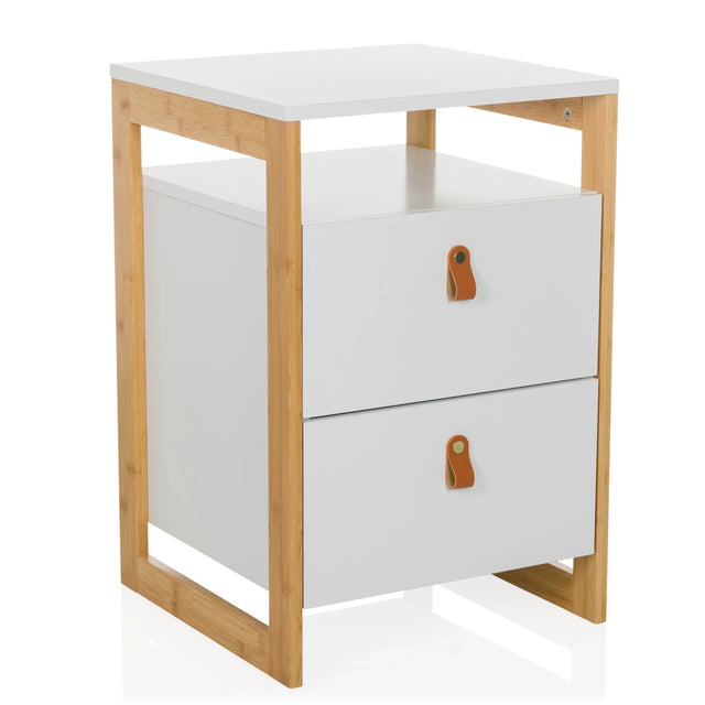 Side table TAROLO III in white with bamboo frame and two drawers with leather handles by hjh LIVING