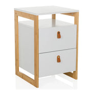 Side table TAROLO III in white with bamboo frame and two drawers with leather handles by hjh LIVING