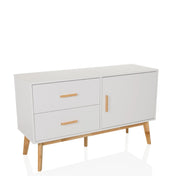 White Sideboard TAROLO with two drawers, one door and light wood legs by hjh LIVING
