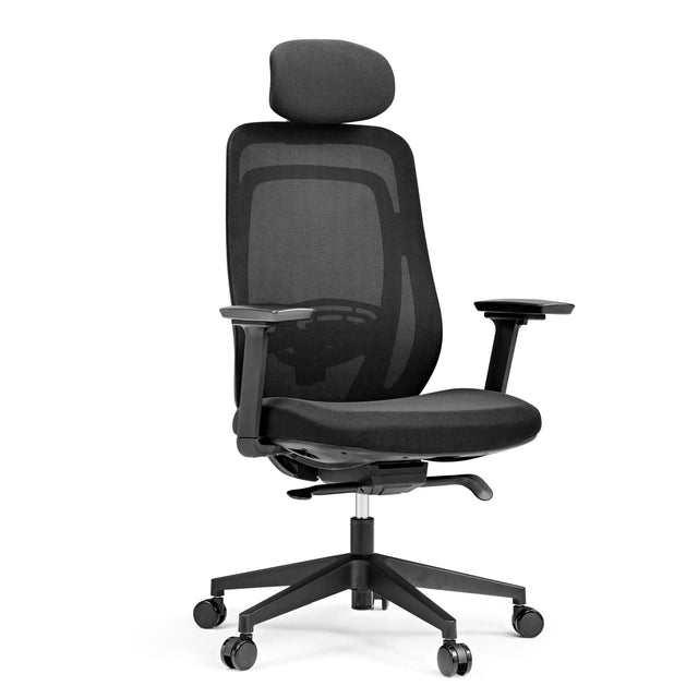 Black Professional Office Chair Vivadapt with mesh backrest, headrest and armrests by hjh OFFICE