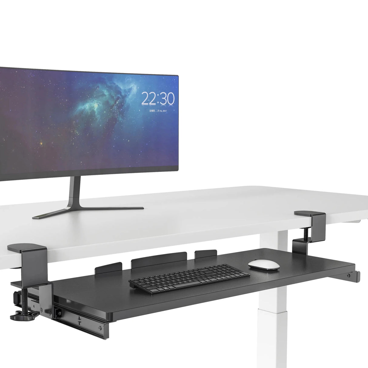 Black Keyboard tray VM-KB with mounting clips under a white desk by hjh OFFICE