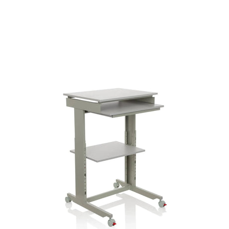 Grey Standing desk WORKSTATION with keyboard tray, a storage shelf and castors by hjh OFFICE