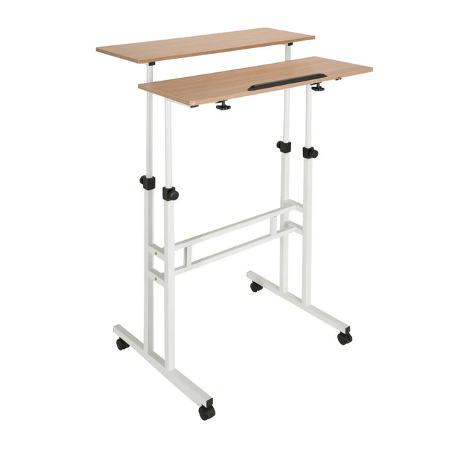 Standing desk WORKSTATION I in white and oak with two work surfaces and castors by hjh OFFICE
