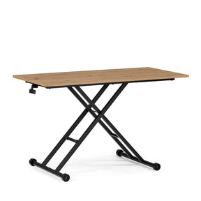 Height-adjustable desk Worktime Lift with oak-coloured top and black X-frame on castors by hjh OFFICE